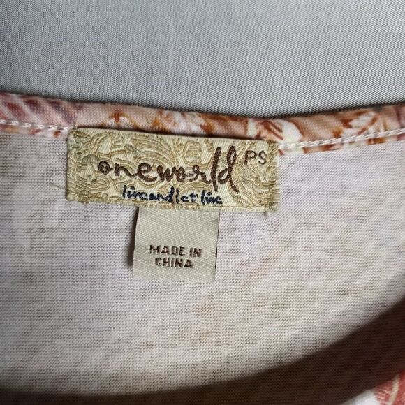 One World Live/Let Live Multi Color Bell Half Sleeve Women's Top Size SM Petite - Picture 6 of 7